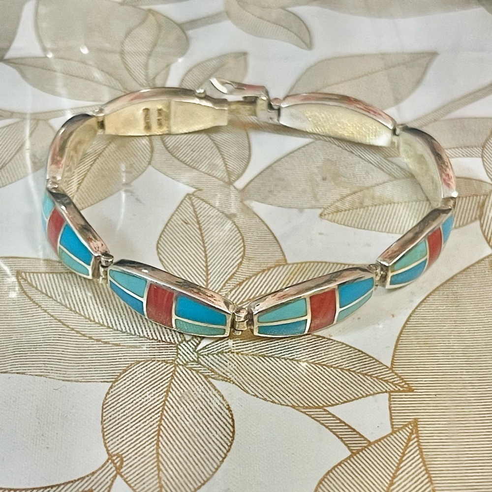 Artisan Sterling Silver Turquoise Spiny Oyster Bracelet Sz 7.5”